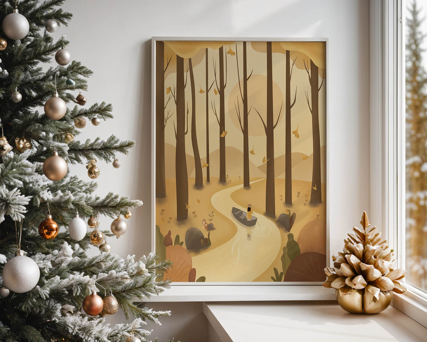 Serene autumn forest with river and boat in digital art scene