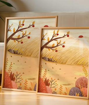 Autumn landscape illustration with apple tree and sunrise in a serene field