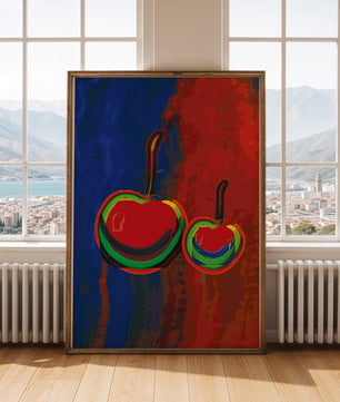 Pintura abstracta de cerezas con colores vibrantes