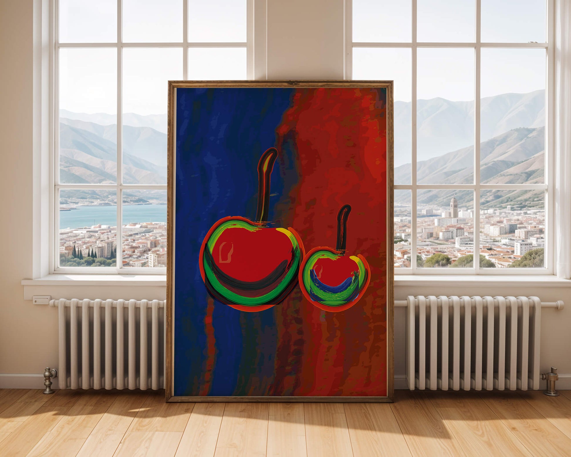 Pintura abstracta de cerezas con colores vibrantes.