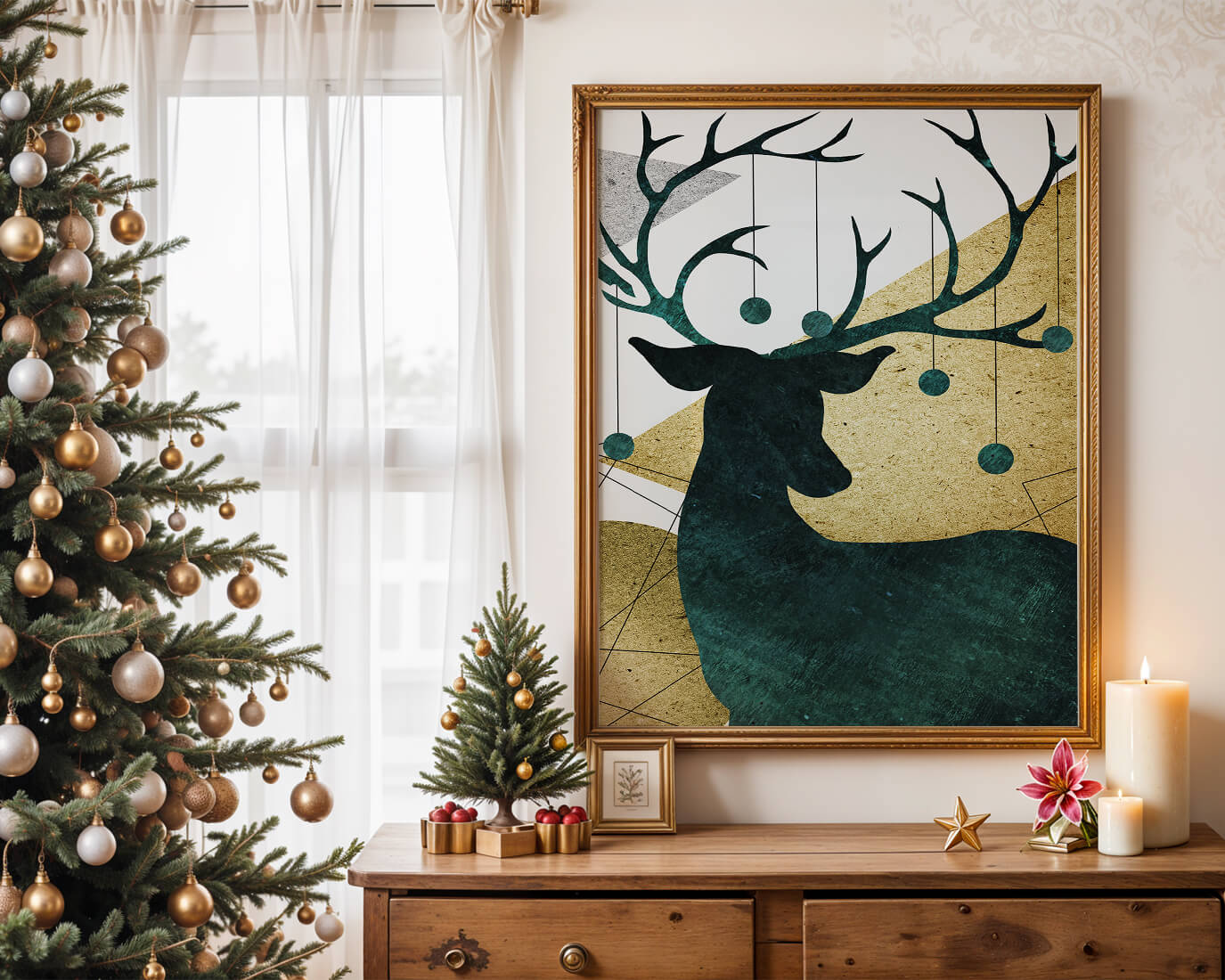 Silhouette of a Deer with Abstract Gold and Green Background