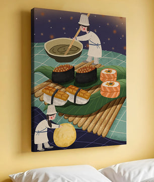 Ilustración juguetona de chefs preparando sushi en un paisaje imaginario