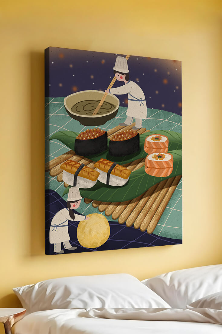 Ilustración juguetona de chefs preparando sushi en un paisaje imaginario