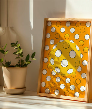 Colorful geometric pattern with white polka dots on orange background