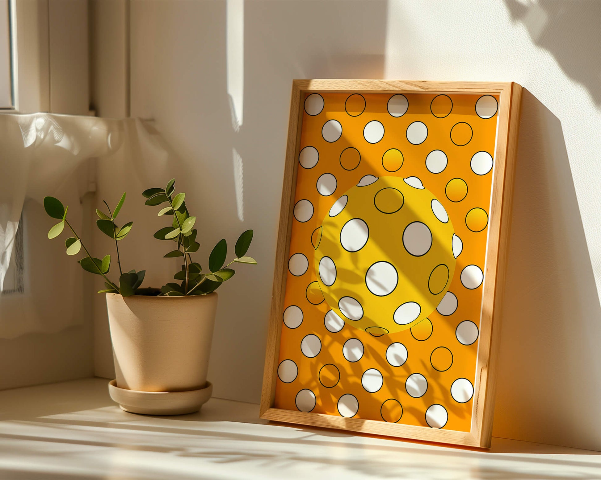 Colorful geometric pattern with white polka dots on orange background