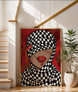 Abstract Art of Woman with Checkered Pattern and Red Lips - Mi tienda