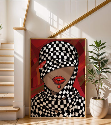 Abstract Art of Woman with Checkered Pattern and Red Lips