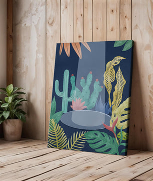 Ilustración botánica colorida con cactus y hojas tropicales