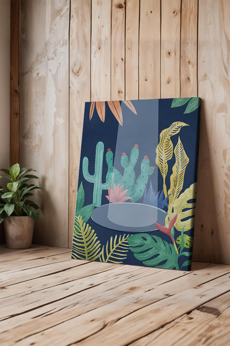 Colorful botanical illustration featuring cacti and tropical leaves