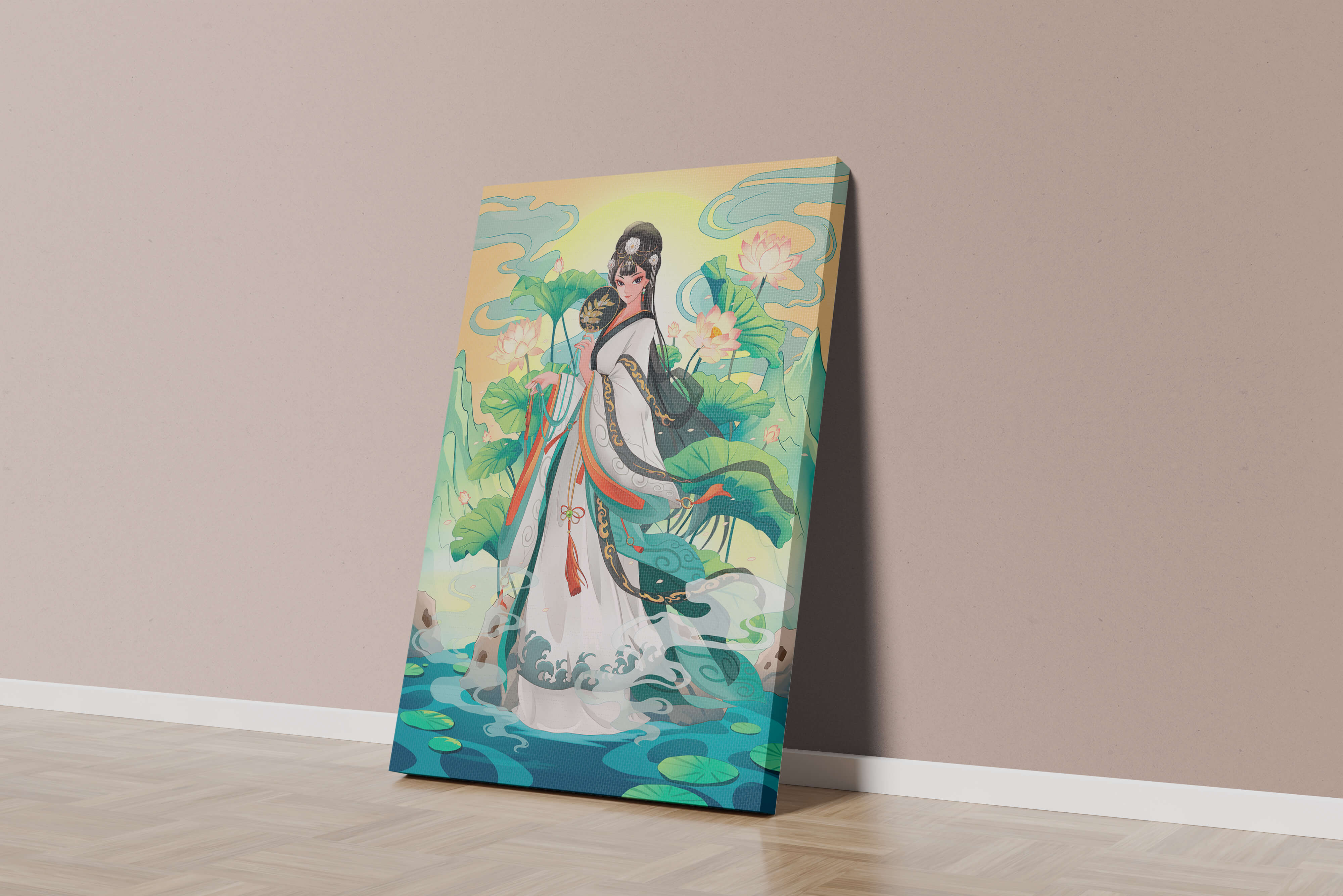 Elegant woman in traditional attire with lotus flowers and serene backdrop