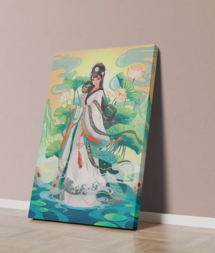 Femme élégante en tenue traditionnelle avec des fleurs de lotus et un décor serein