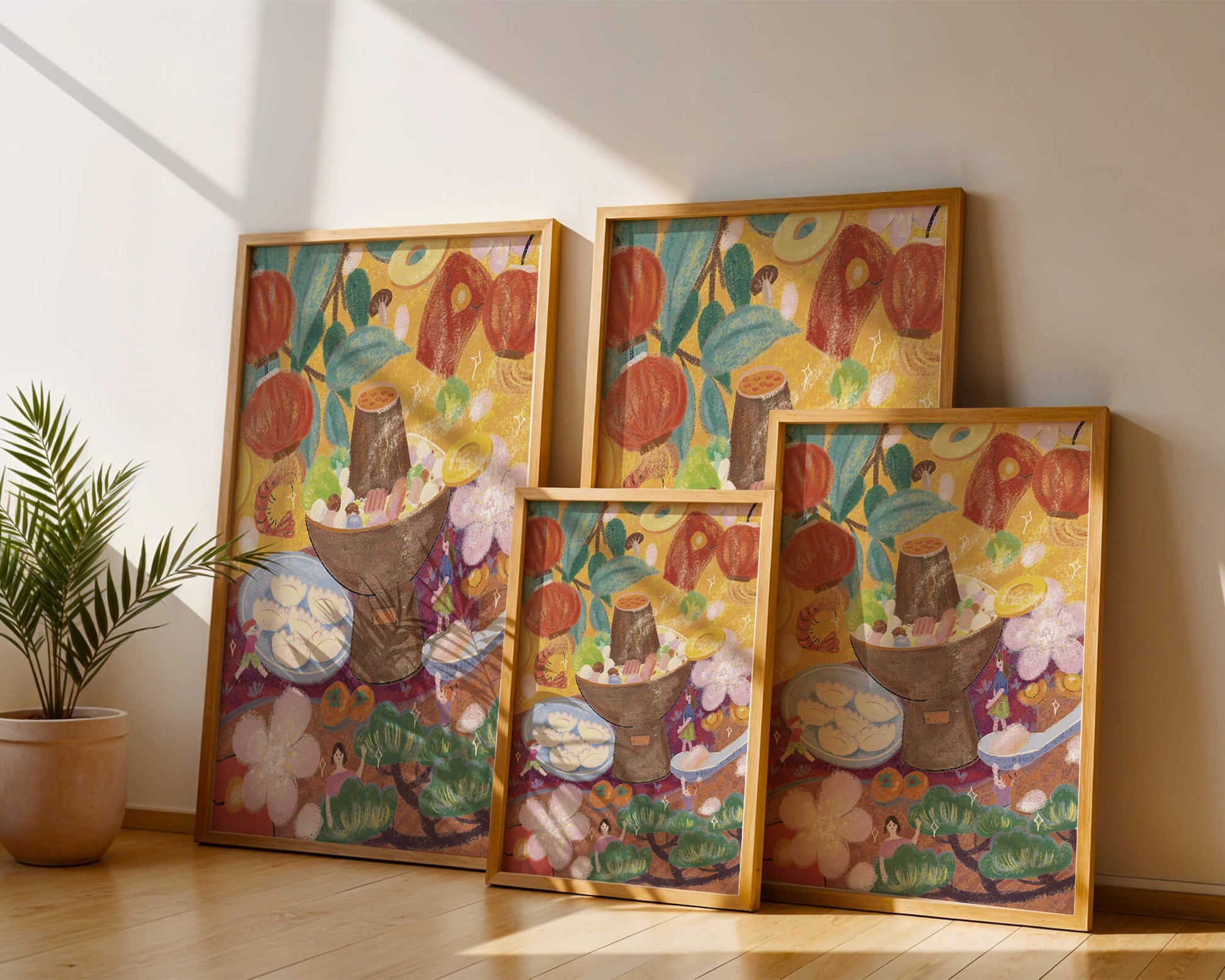 Ilustración del festival de comida asiática colorida con linternas y flores