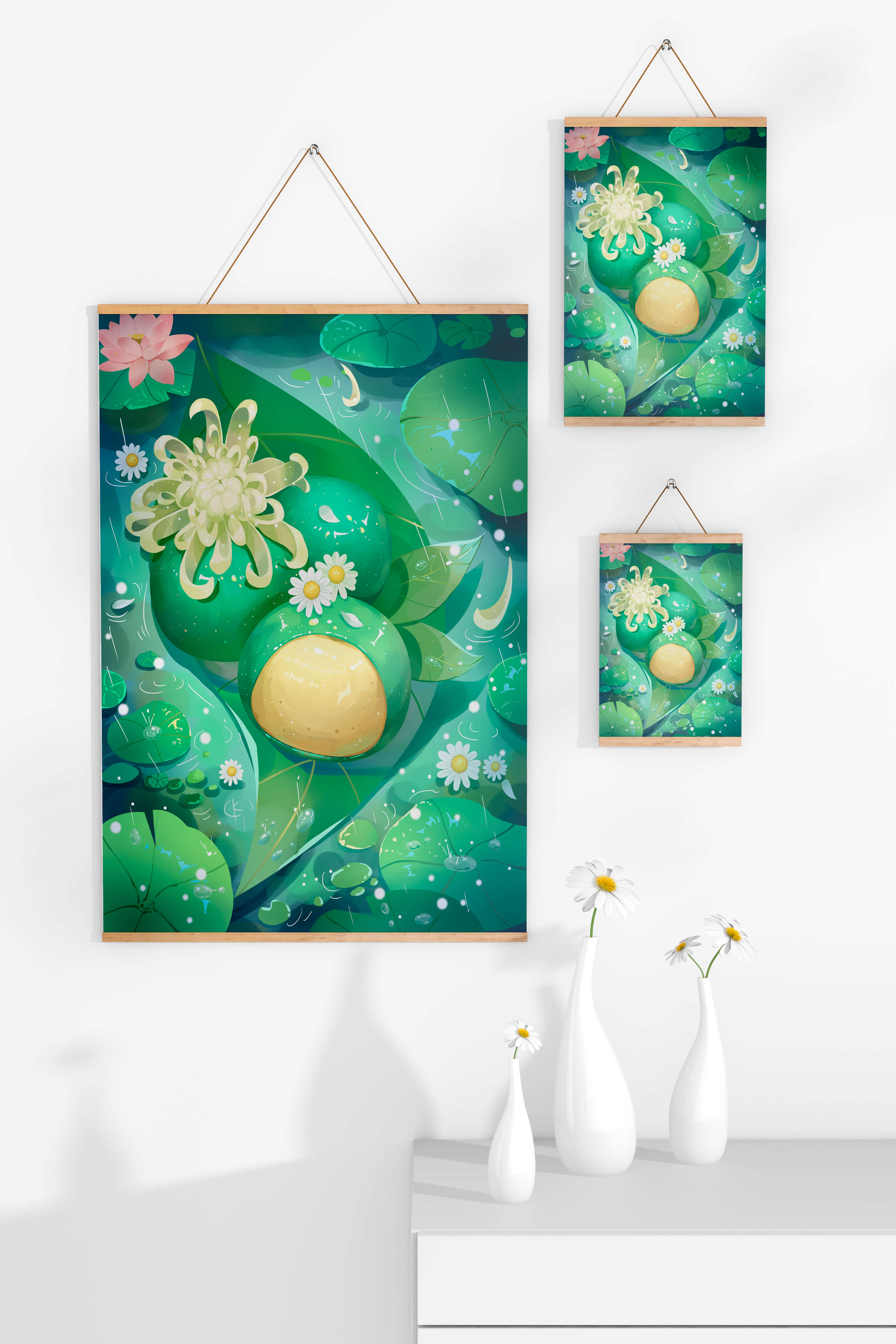 Lush aquatic scene with lotus flowers and green leaves