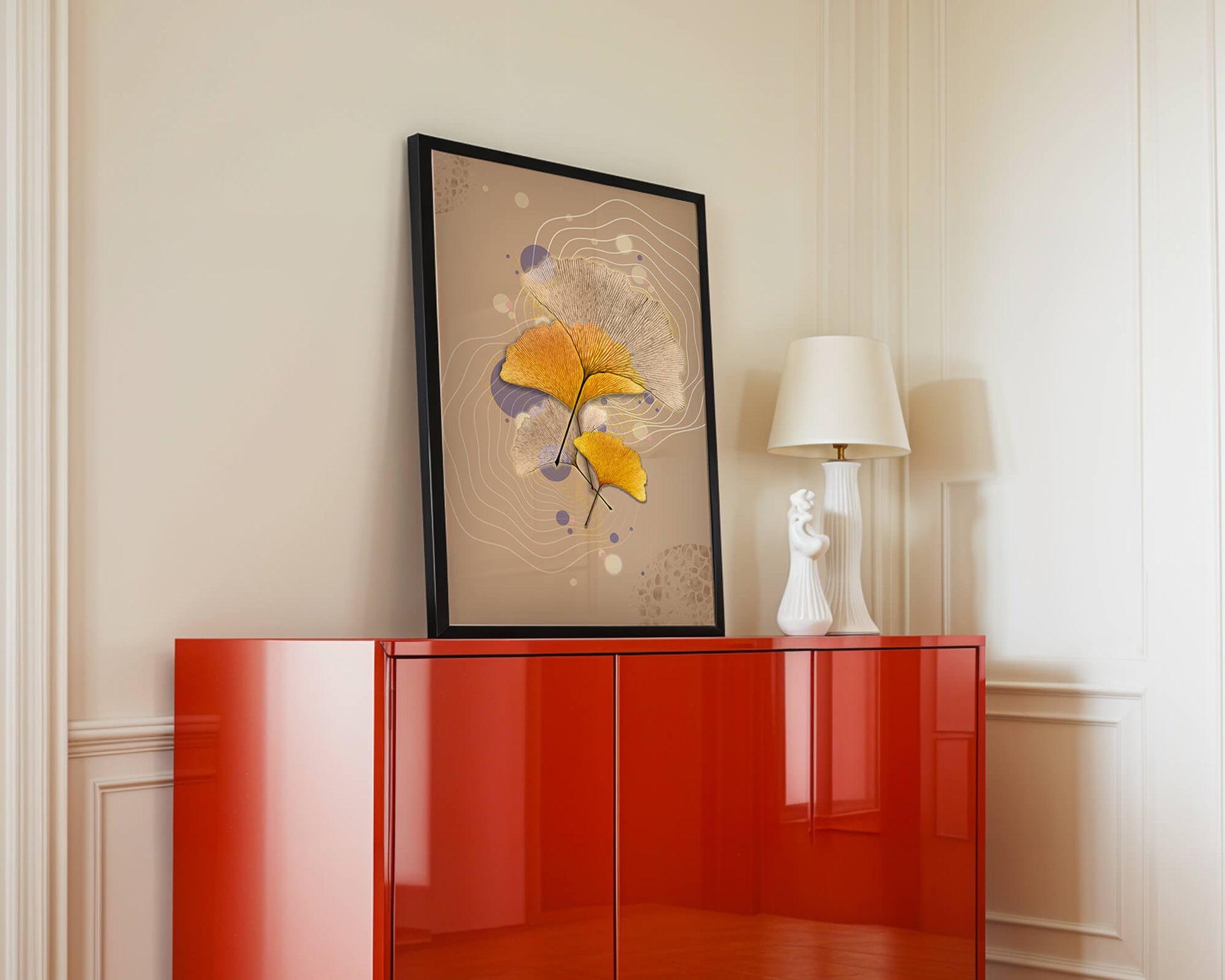 Elegant ginkgo leaves with abstract wavy and circular elements