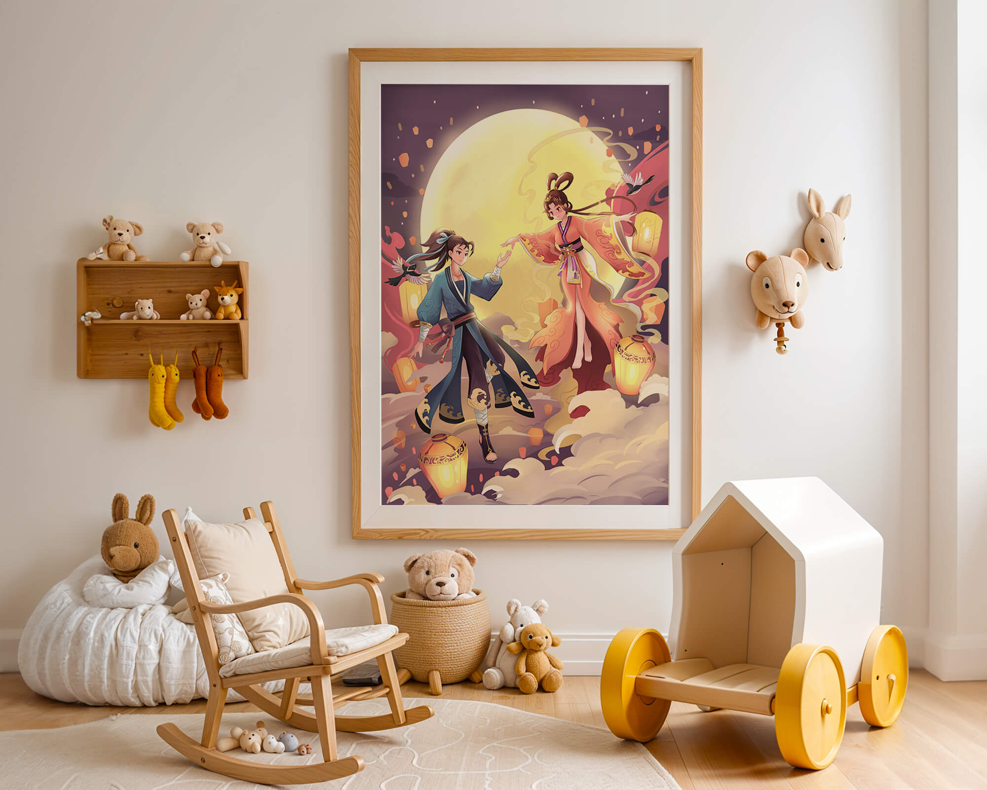Elegant moonlit fantasy scene with traditional attire