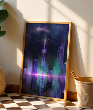 Futuristische Skyline mit leuchtenden Türmen unter sternenklarer Nacht
