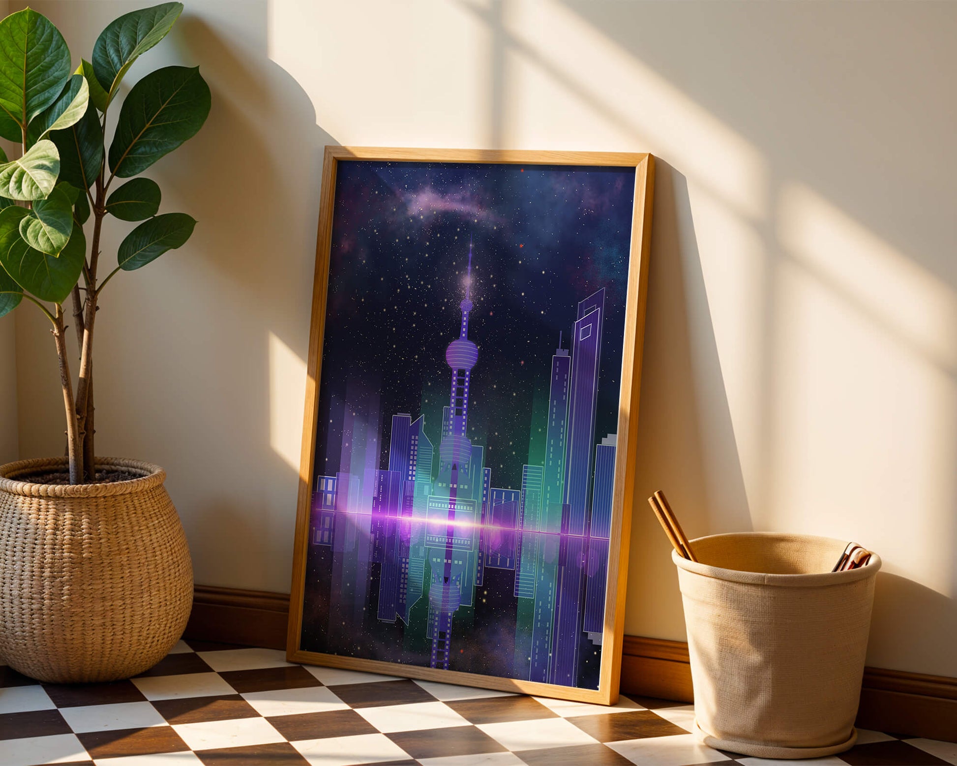 Futuristische Skyline mit leuchtenden Türmen unter sternenklarer Nacht