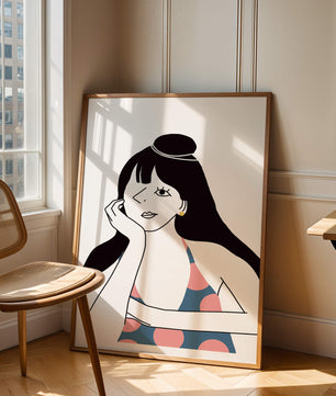 Elegant Minimalist Woman Portrait with Polka Dot Dress and Gold Earring - Mi tienda