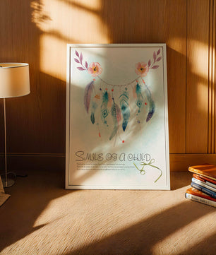 Whimsical dreamcatcher with feathers and flowers in a pastel watercolor style