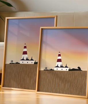 Lighthouse at Dusk with Colorful Sky and Field Landscape