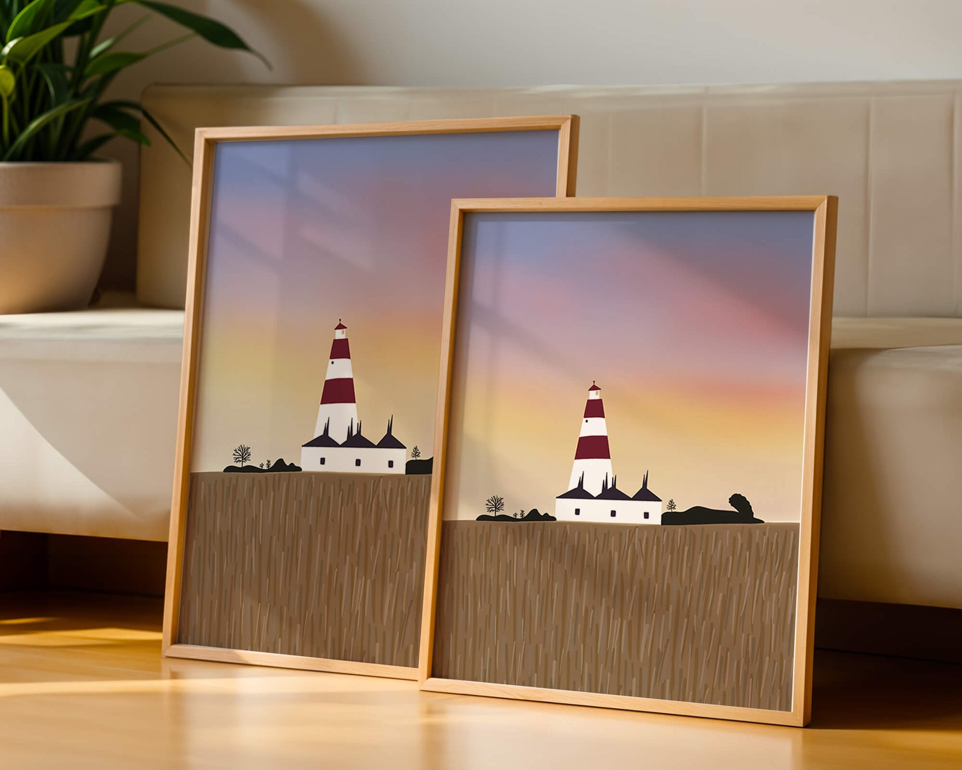 Lighthouse at Dusk with Colorful Sky and Field Landscape