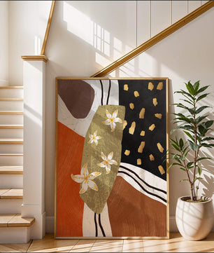 Abstract floral artwork with gold accents and earthy tones
