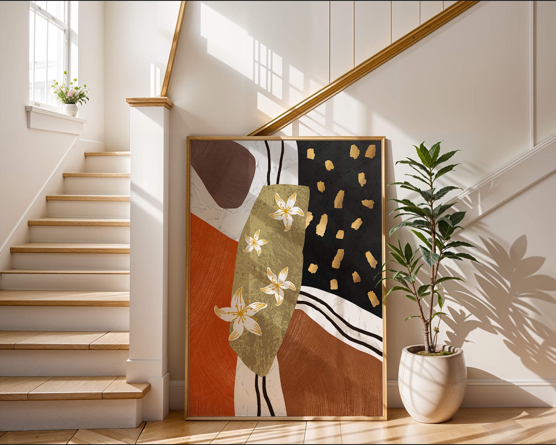 Abstract floral artwork with gold accents and earthy tones