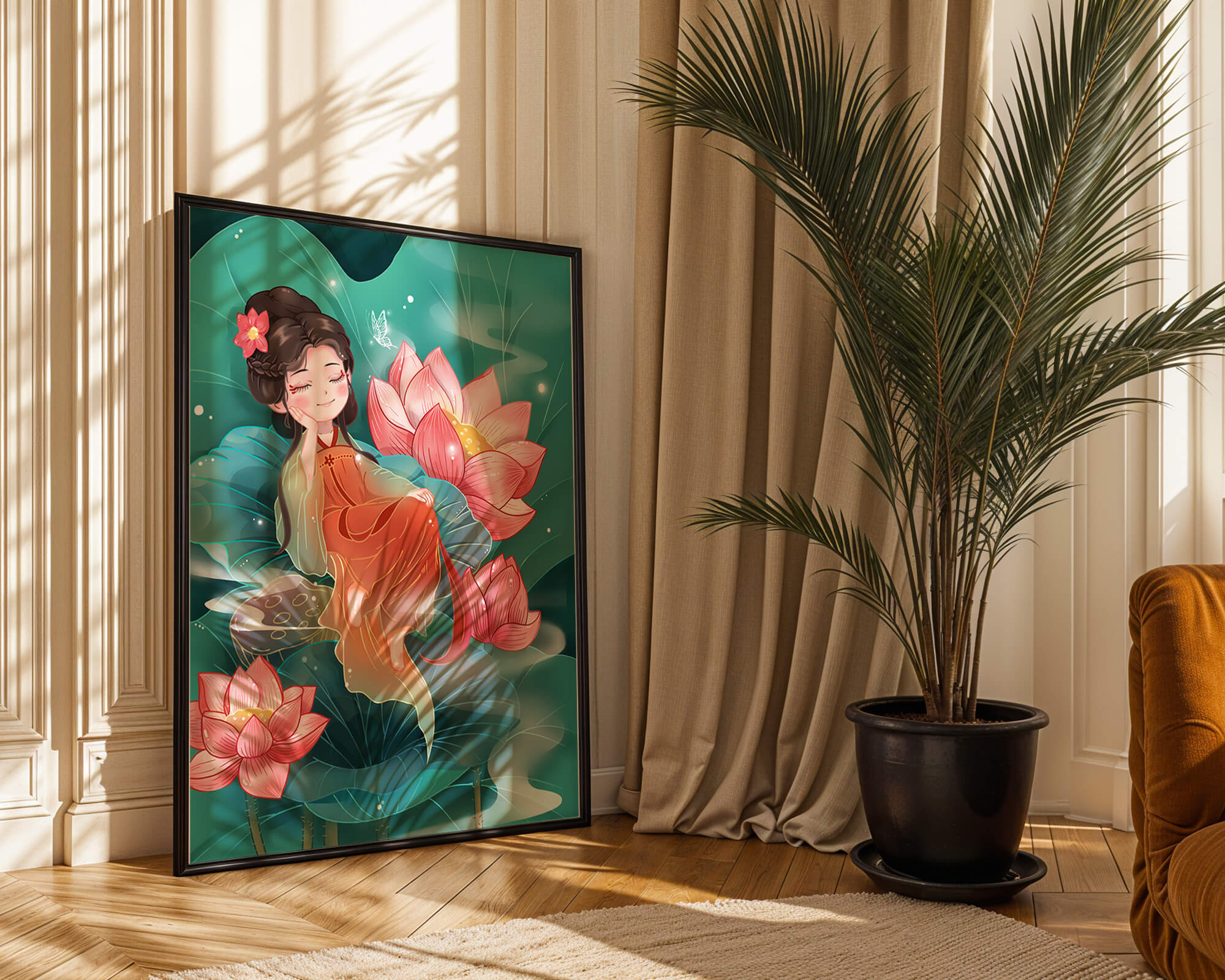 Charming illustration of a girl resting amidst lotus flowers