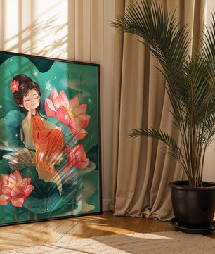 Charmante illustration d'une fille se reposant parmi des fleurs de lotus