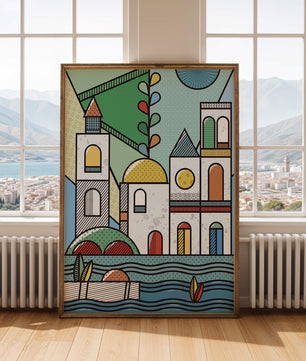 Paysage urbain géométrique coloré avec des éléments architecturaux modernes