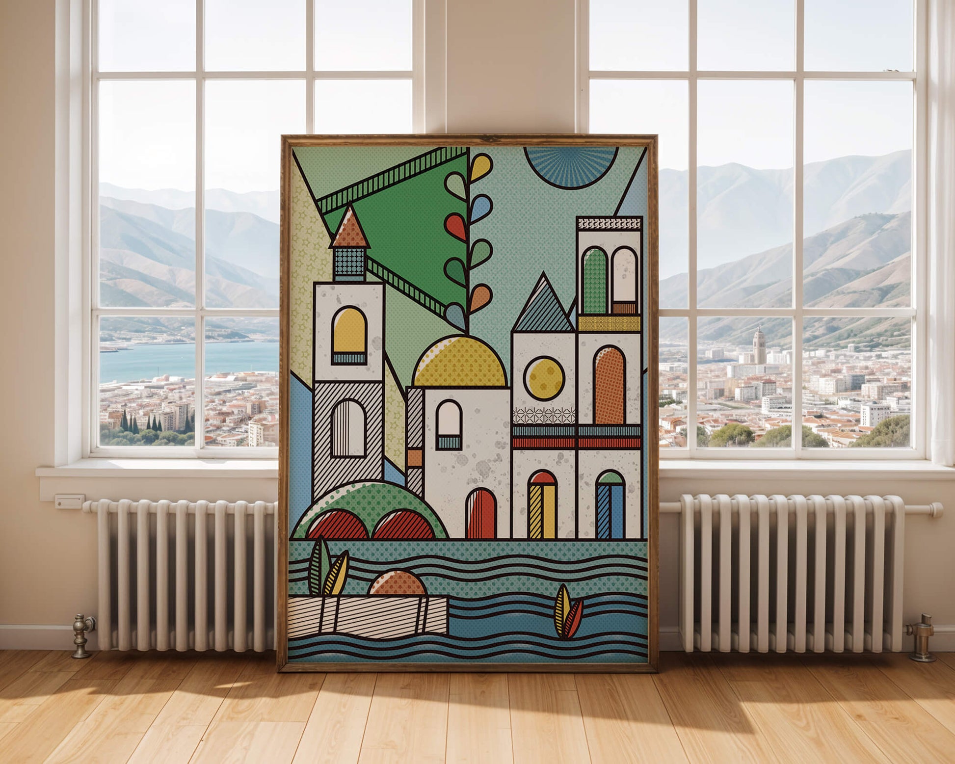 Paysage urbain géométrique coloré avec des éléments architecturaux modernes