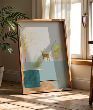 Abstrakte Komposition mit goldenem Hirsch und Blättern auf strukturiertem Hintergrund