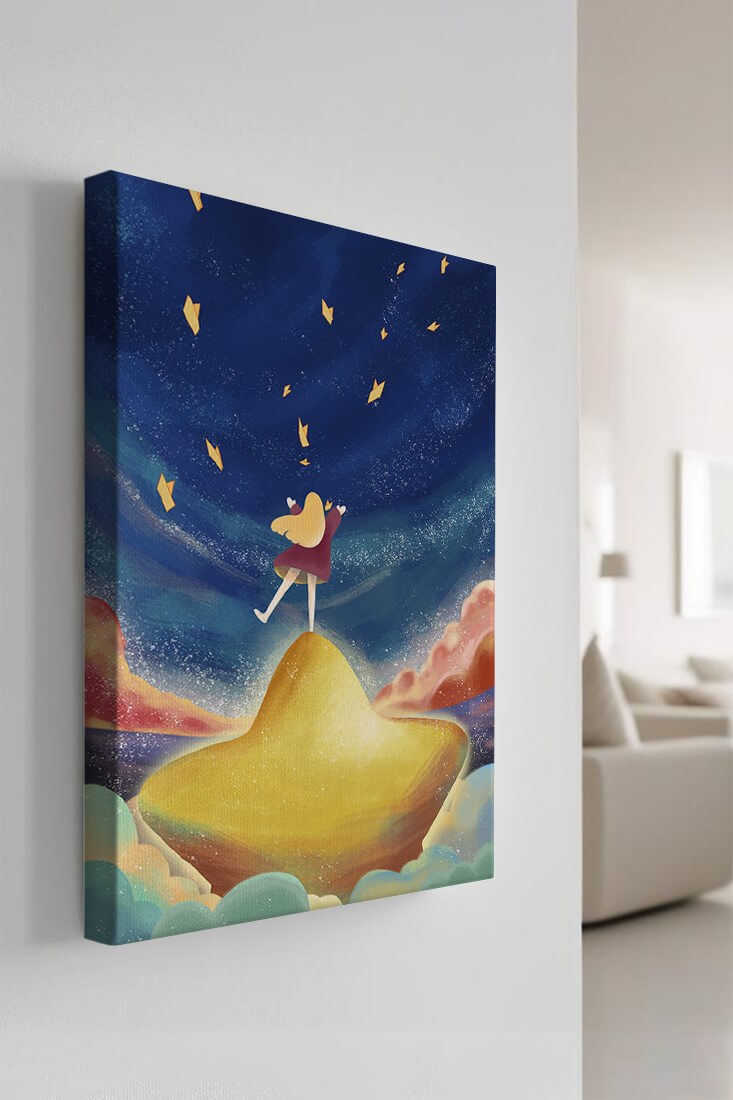 Girl standing on a golden hill reaching for stars in a dreamy night sky