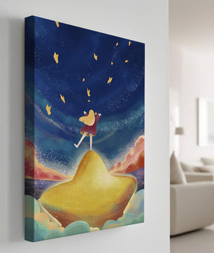 Girl standing on a golden hill reaching for stars in a dreamy night sky