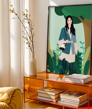 Illustrative portrait of a woman in a stylish outfit with nature backdrop