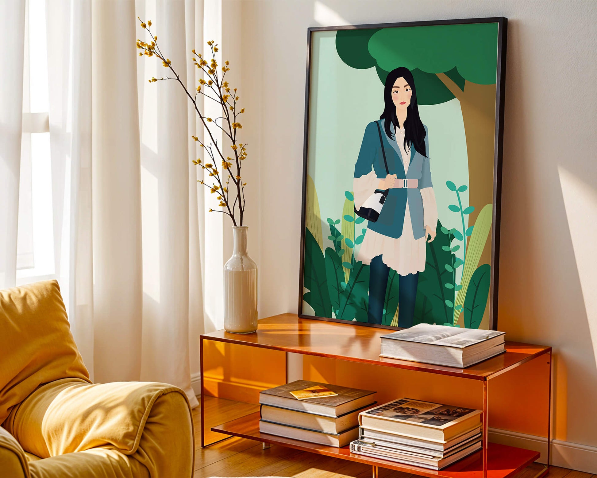 Illustrative portrait of a woman in a stylish outfit with nature backdrop