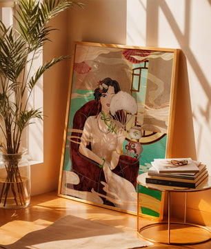 Œuvre d'art élégante d'inspiration asiatique vintage représentant une femme avec un éventail