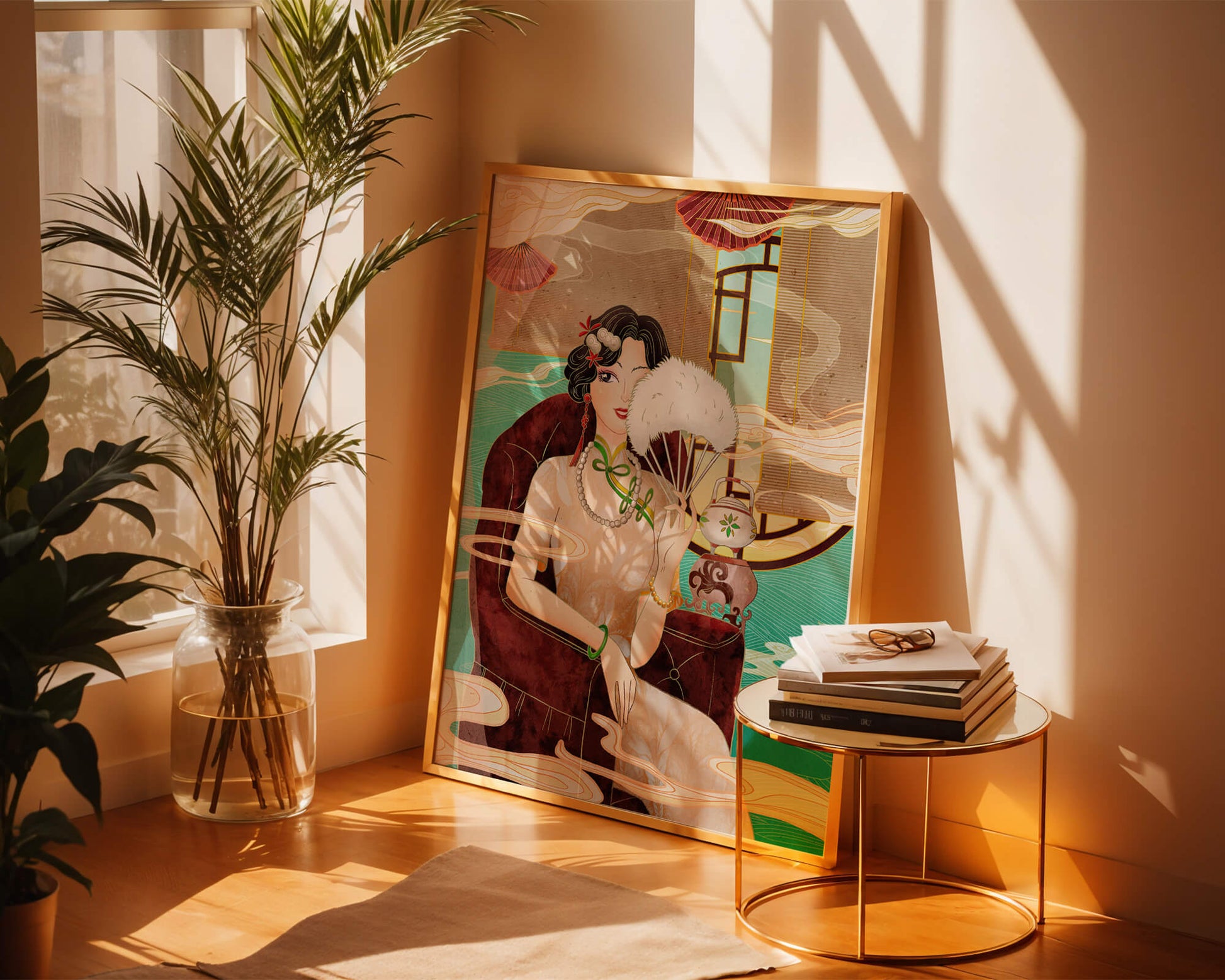 Elegant vintage Asian-inspired artwork featuring a woman with a fan