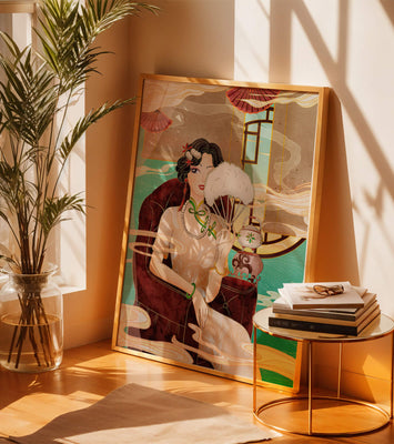 Elegant vintage Asian-inspired artwork featuring a woman with a fan