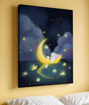 Whimsical night scene with child and cat on crescent moon