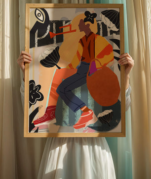 Colorful abstract fashion illustration with floral and geometric elements
