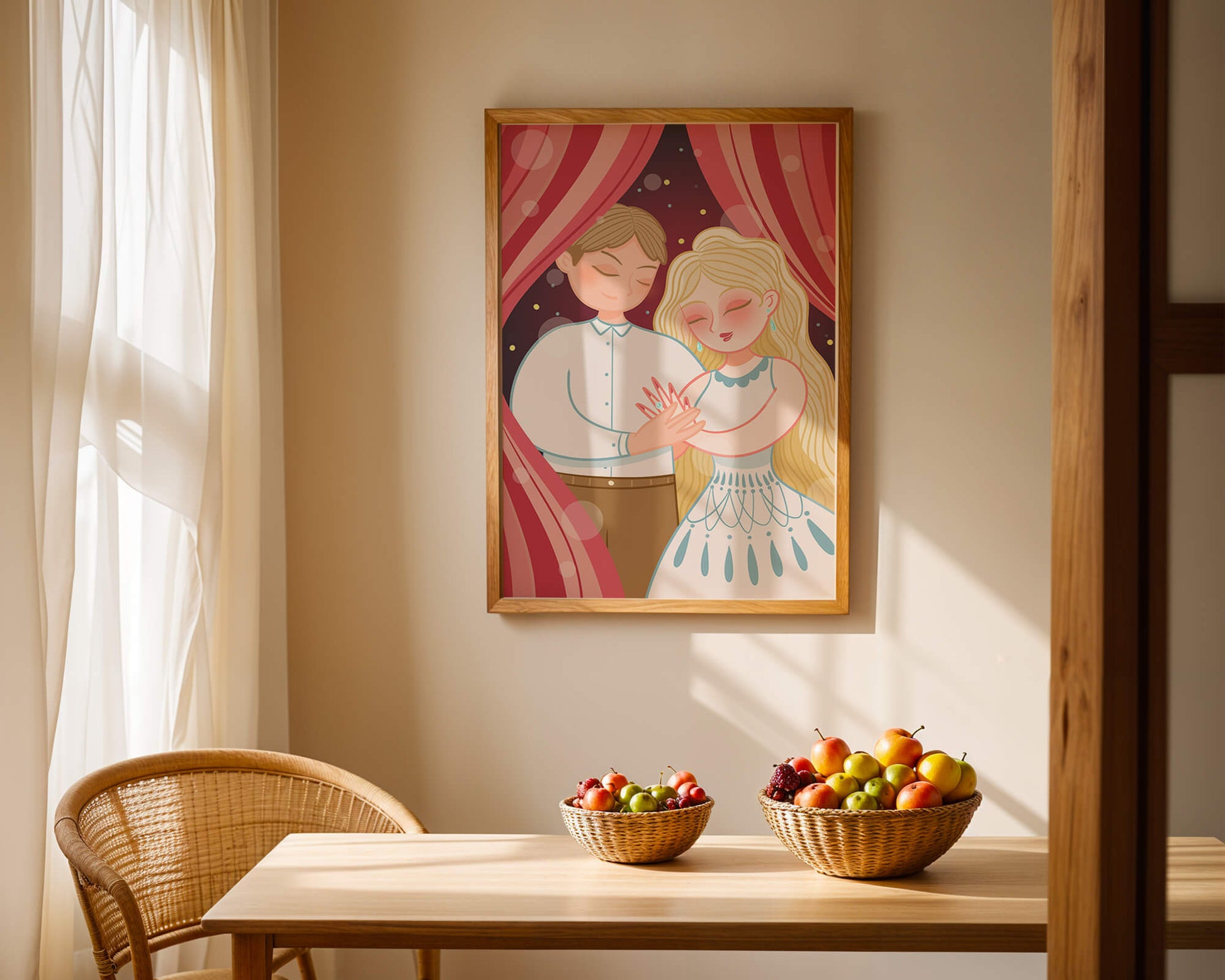 Romantic couple under red curtains with gentle embrace