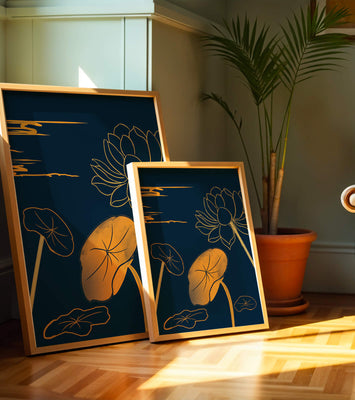 Golden Lotus Flowers in Abstract Night Sky