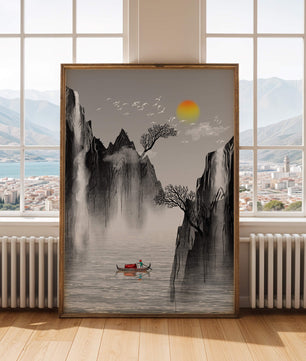 Paisaje sereno con montañas, río y un bote bajo el sol
