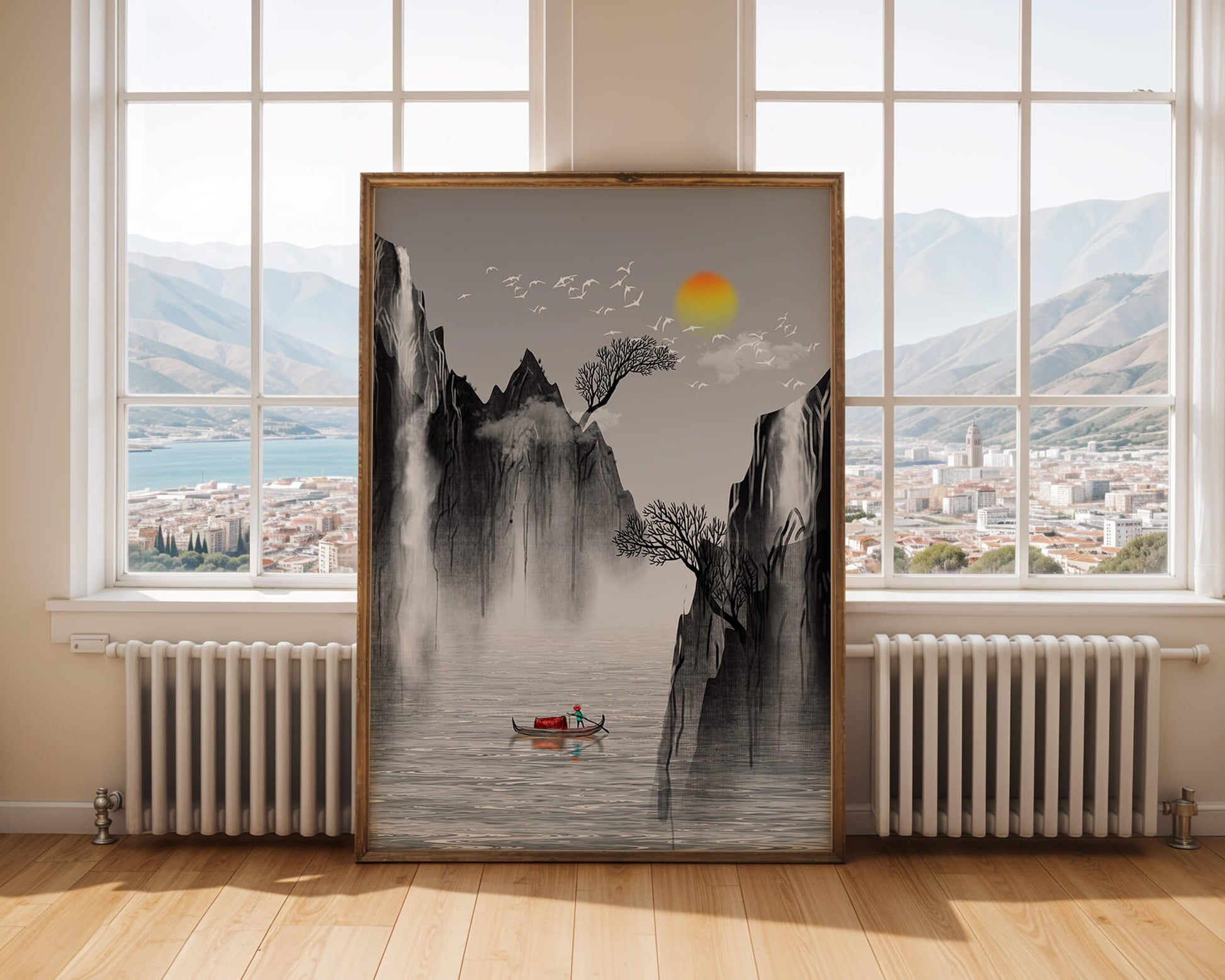 Serene landscape with mountains, river, and a boat under the sun