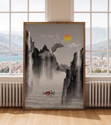 Serene landscape with mountains, river, and a boat under the sun