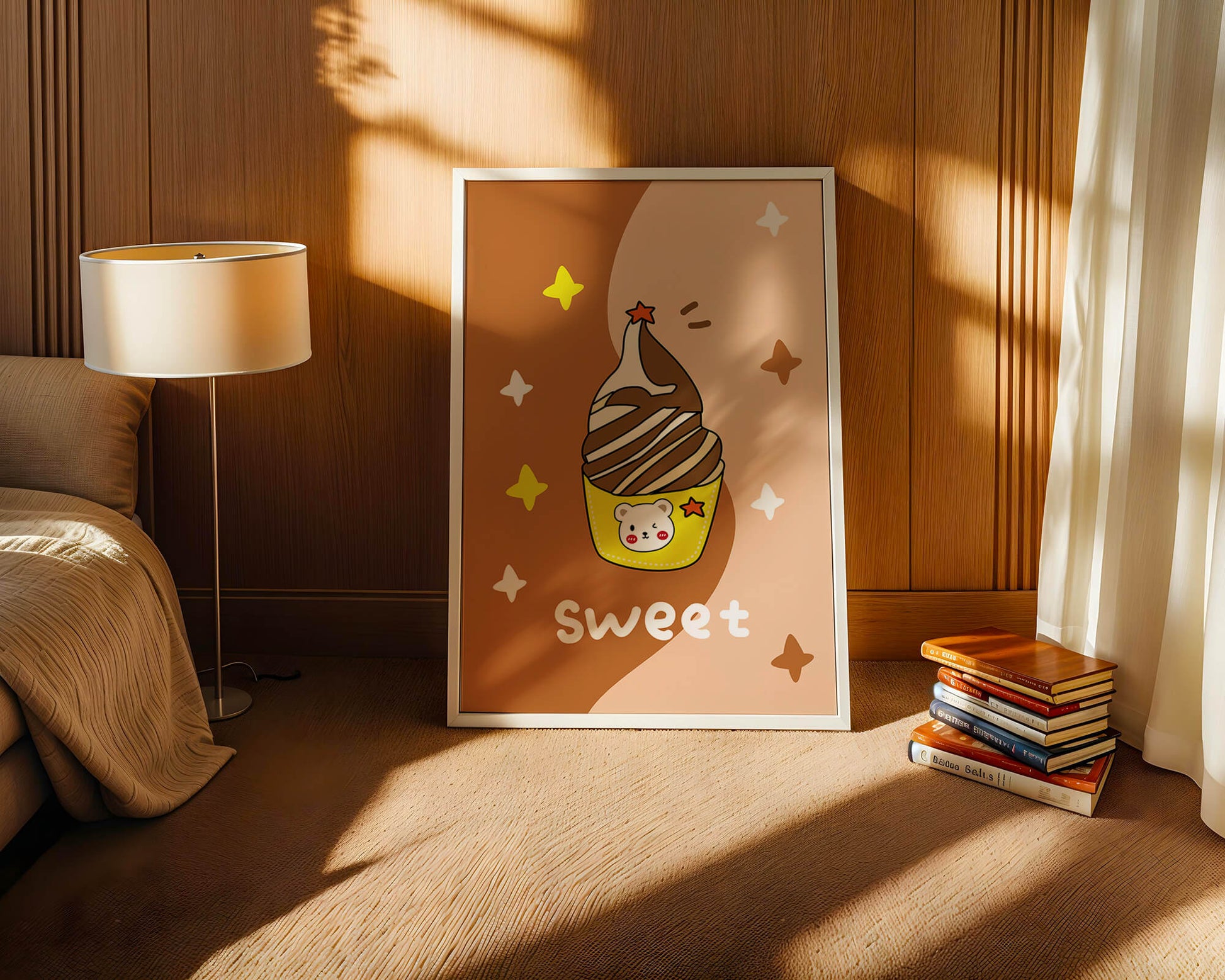 Adorable ice cream design with kawaii bear and colorful background