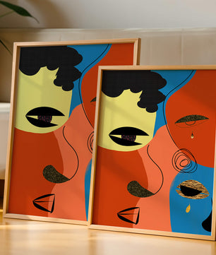 Abstract faces with vibrant colors and gold accents