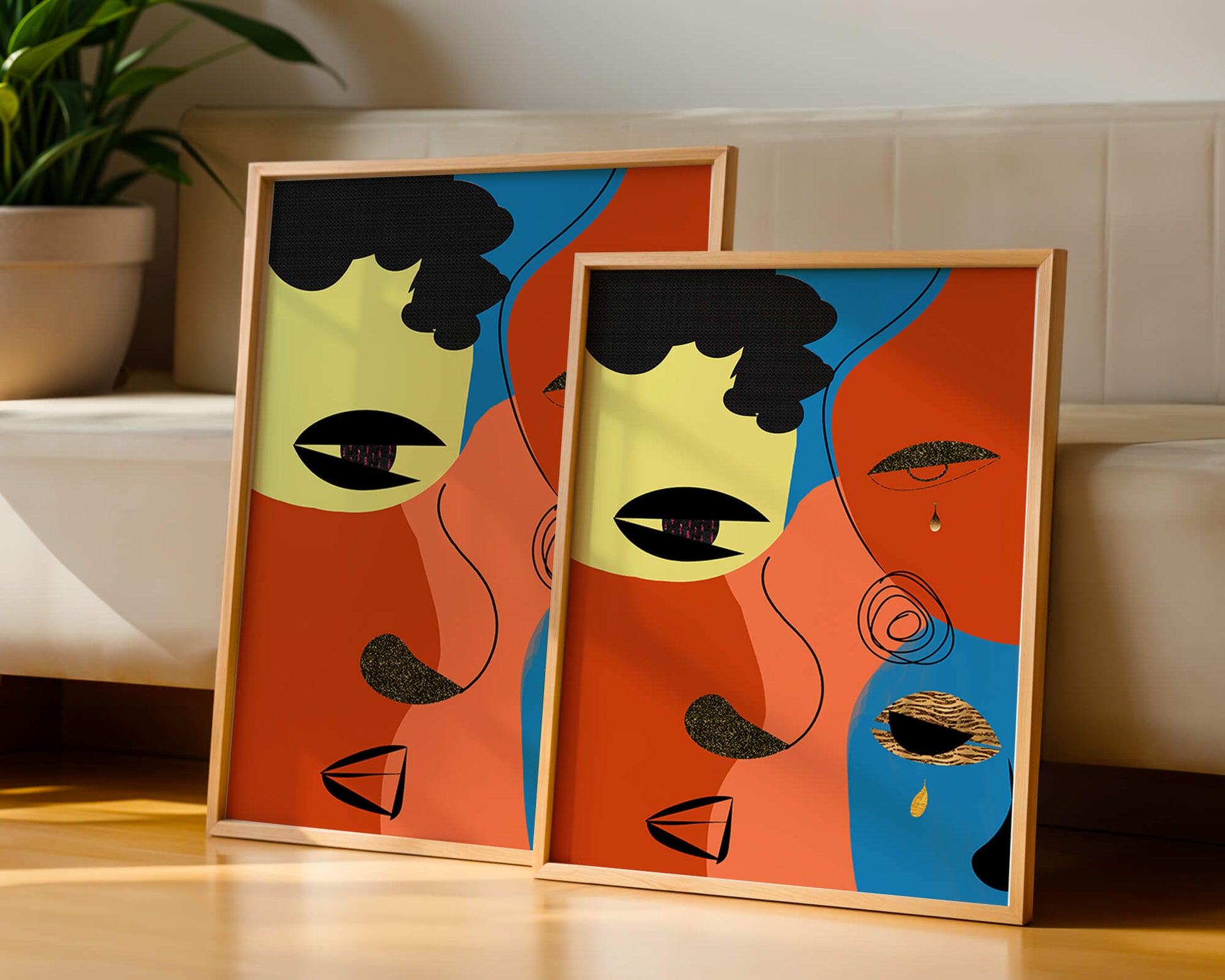 Abstract faces with vibrant colors and gold accents