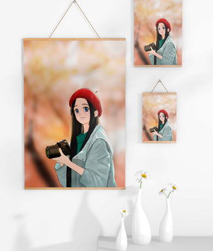 Chica de anime con boina roja sosteniendo una cámara durante el otoño